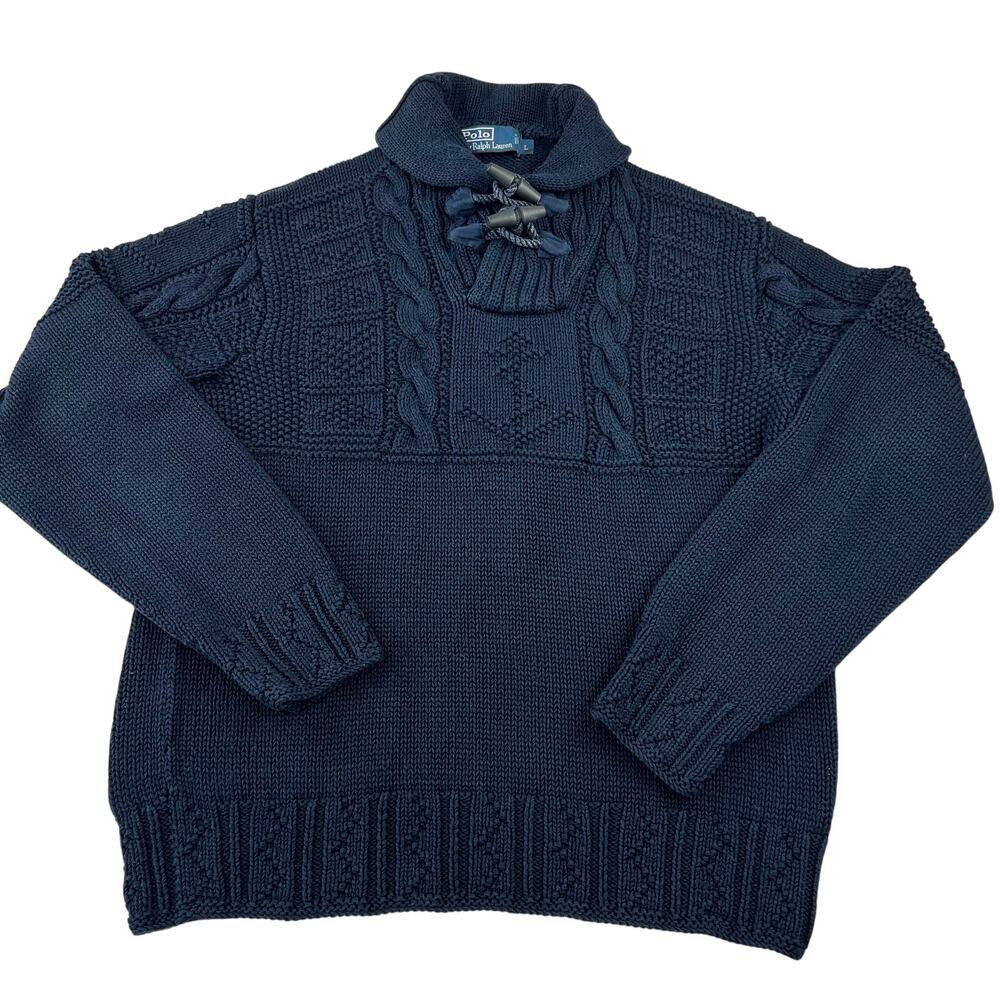 Polo Ralph Lauren Vintage Hand Knit Anchor Nautical Sweater mens Large Navy Blue